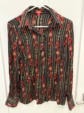 Vintage Y2K Silk Black Gold Red Equestrian Old Money Button Down Size 8